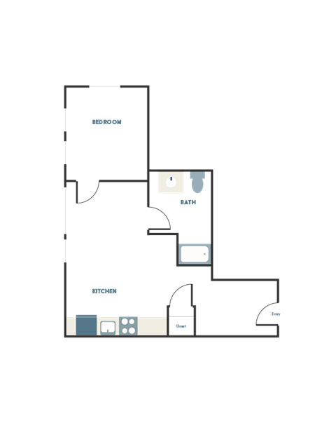 A floor plan of a house with a bedroom, bath, and kitchen.